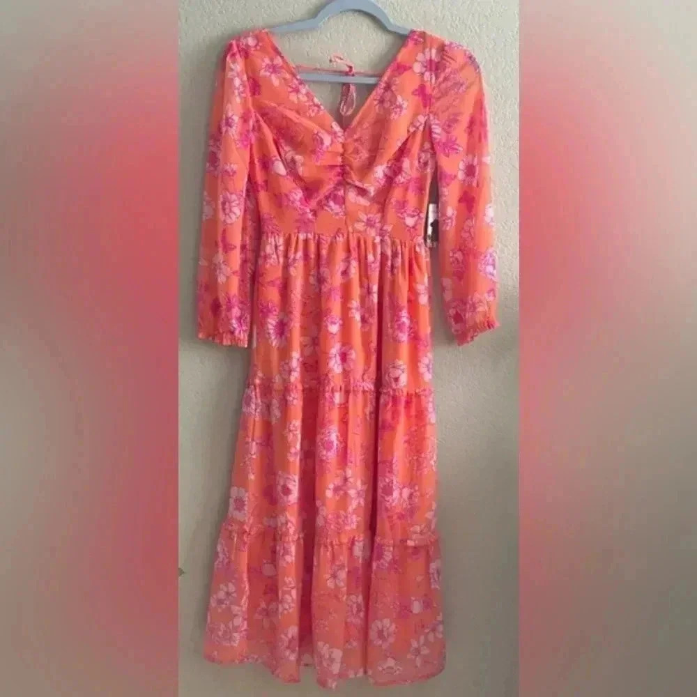 Sincerely Jules Orange and Pink Floral Maxi Dress- Size Medium- NWT
